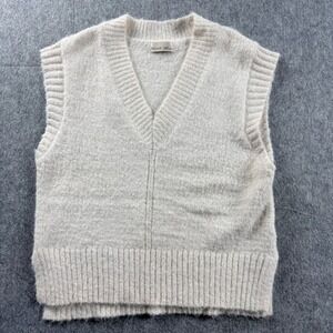 Becool Sweater Vest Womens M/L Cream Fuzzy Knit V-Neck   Neutral Ribbed Trim